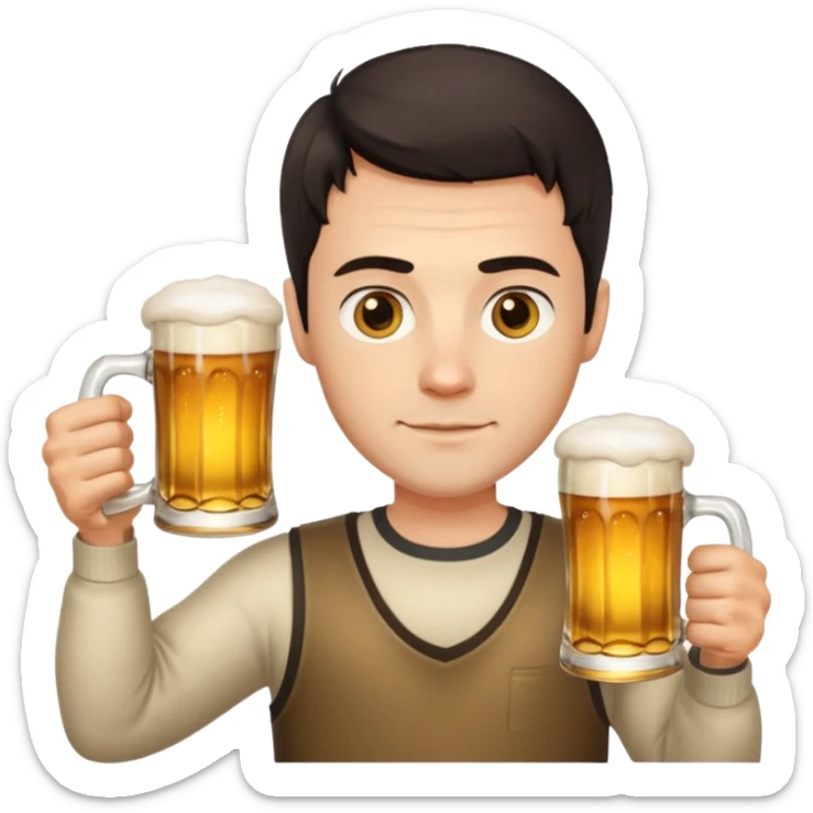 nordic man with short dark hair sitting and holding two mugs of beer sticker