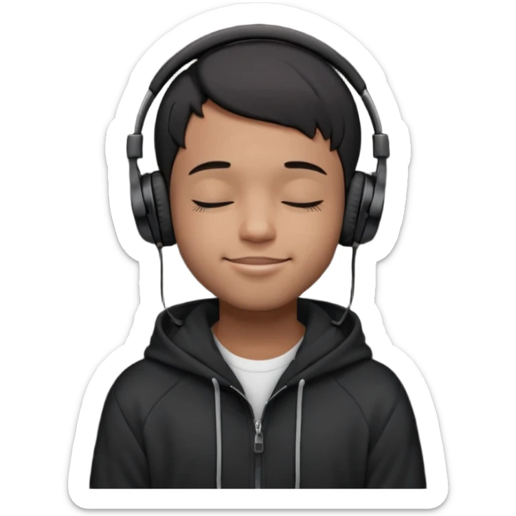 Young Black male, short hair, eyes closed, soft cheeky smile, calm and proud vibe. Dark hoodie, big black over-ear headphones. Focus on face and expression; exaggerate smile and eyes for small emoji size. Background optional. sticker