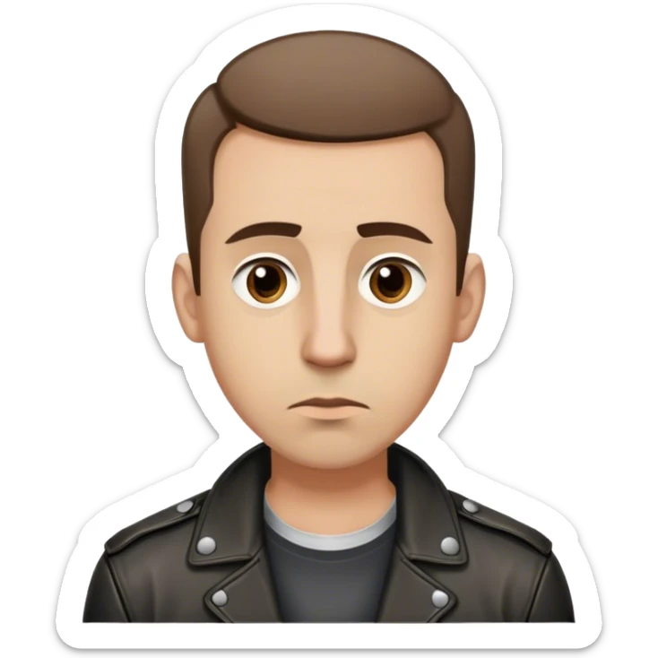 Man in his thirties. Shaved short brown hair, Big brown eyes, eyes slighly sad, wearing a leather jacket and a necklace, Big nose. sticker