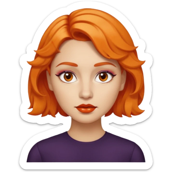 A person emoji with light skin, short orange wavy hair swept to one side, matching orange eyebrows, brown eyes, an oval-shaped face, a small nose, and dark lipstick. sticker