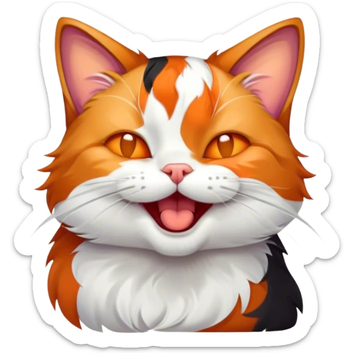 Cinematic Cute Yawning Calico Cat Portrait Emoji, Head tilted mid-yawn with a charming, relaxed expression, showcasing a soft patchwork fur of vibrant orange, black, and white, simplified yet irresistibly adorable, highly detailed, glowing with a cozy, gentle radiance, high shine, exuding sleepy yet endearing charm, styled with a soft glowing outline, capturing the essence of a calico cat caught in a delightful yawn that seems ready to cuddle up for a nap! sticker