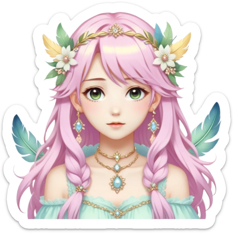 Beautiful gorgeous anime lady with beautiful pastel-special-hair, fashion aesthetic, ethereal, fairycore, pastelcore, feather, flower, crystals, accessories, gold jewelries, gold, colorful, gold laurel, gold halo, cottagecore,  sticker