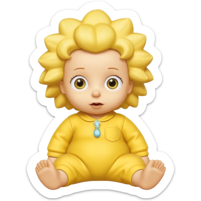 A 3D cartoon baby character entirely yellow, styled like Maggie Simpson, with pacifier, yellow onesie, big eyes, smooth shading, Memoji-style rendering, consistent with other yellow Simpsons characters. sticker