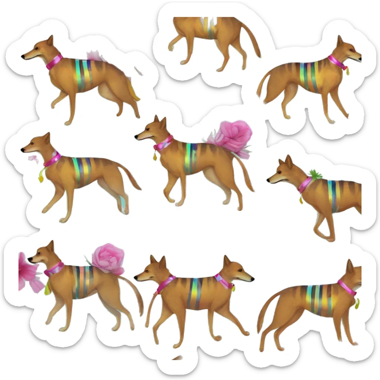  brindle brown black maroon striped lurcher Alsatian fox running blue eyes and iridescent holographic oilslick harness wearing paper iridescent tropical flower crown yellow caution tape sticker