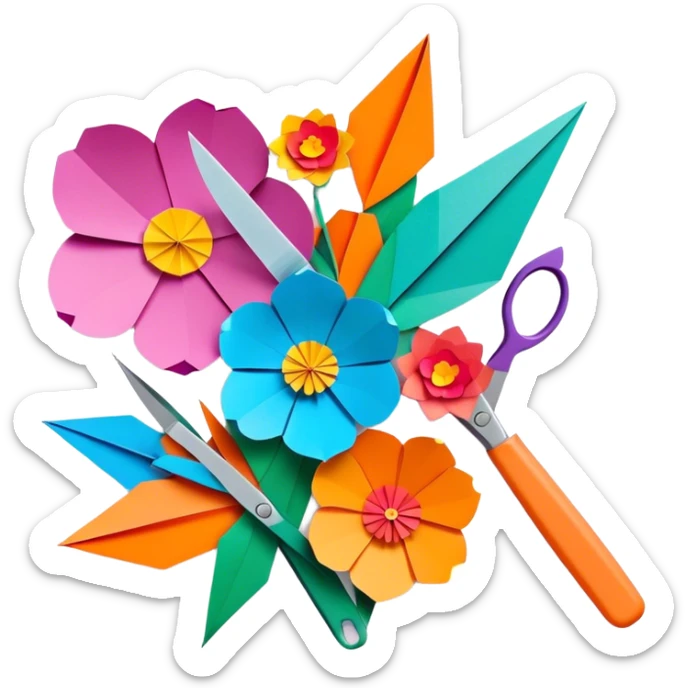 Paper crafting icon, colorful paper sheets, origami figures, 3D paper flowers, visible scissors and craft knife, minimalistic style, clean lines, transparent background. sticker