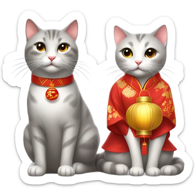 Light grey cat celebrating Chinese new year with a Chinese girl  sticker