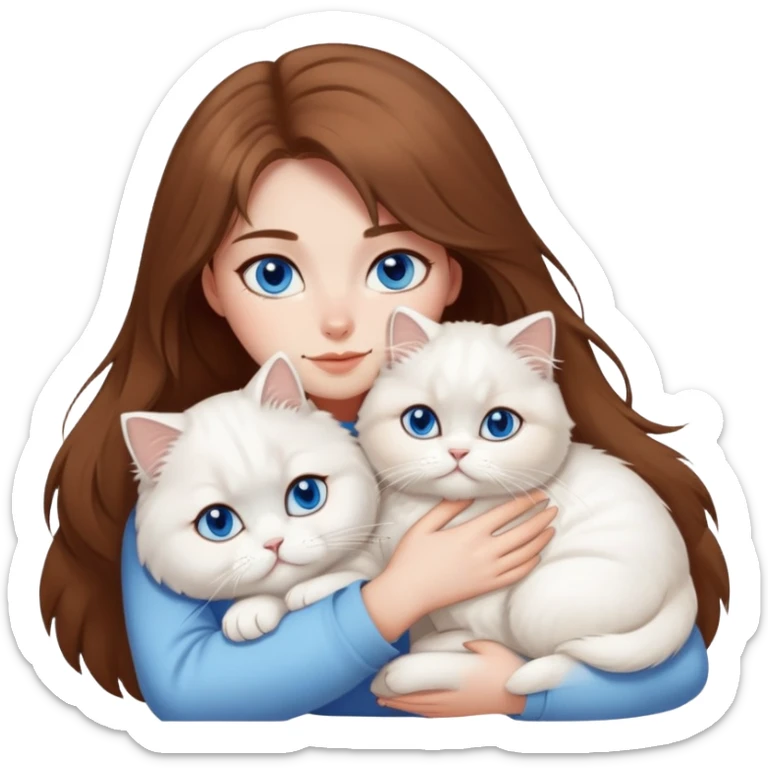 White persian cat with blue eyes cuddling brown long hair girl sticker