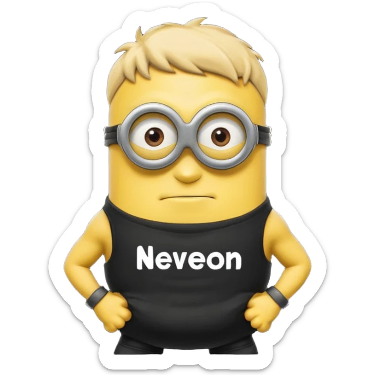 A buff minion wearing a black t shirt top with the words “never GOON” on the shirts chest area sticker