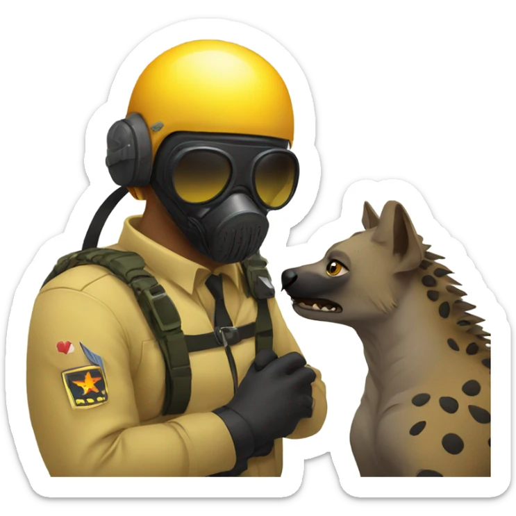 Yellow army Pilot with black mask googles, and then a big hyena kissing kissing him sticker