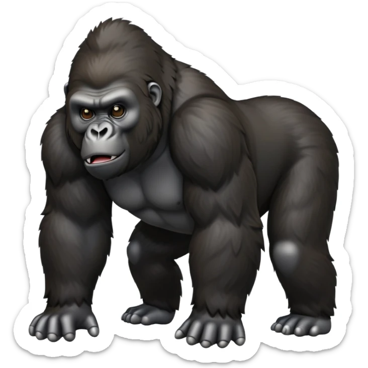 cinematic-gorilla-realistic-full-body-on-all-fours-emoji,-exuding-strength,-thick-dark-fur-in-the-light,-head-tilted-dramatically,-deep-dark-eyes-filled-with-intense-intelligence,-simplified-yet-realistic-focused-features,-highly-detailed, zoomed out friendly  sticker