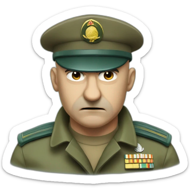 Hight detail cyan beret bald angry 50 years old man no hair furious very angry frown with khaki idf uniform sticker