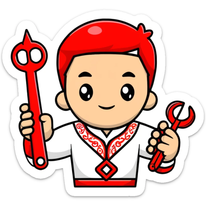 A Ukrainian man wearing traditional white embroidered vyshyvanka shirt holding red scissors in one hand and a spanner/wrench in the other hand sticker