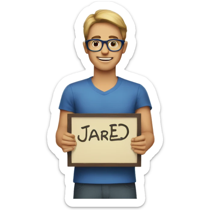 a male person, wearing blue glasses, holding a sign that says jared james sticker