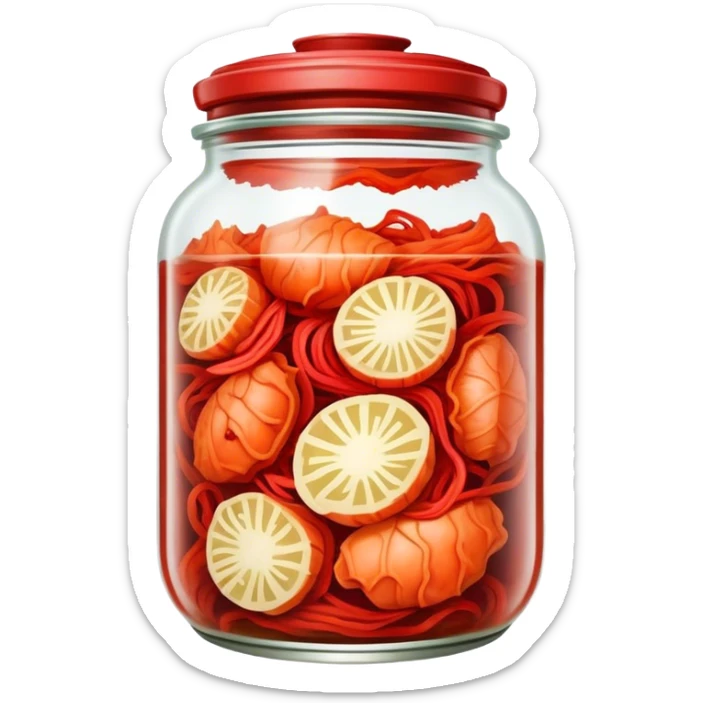 Kimchi Cinematic Realistic Kimchi Dish Emoji, depicted as spicy, fermented cabbage with vibrant red hues neatly served in a traditional jar, rendered with dynamic textures and bold, appetizing lighting. sticker