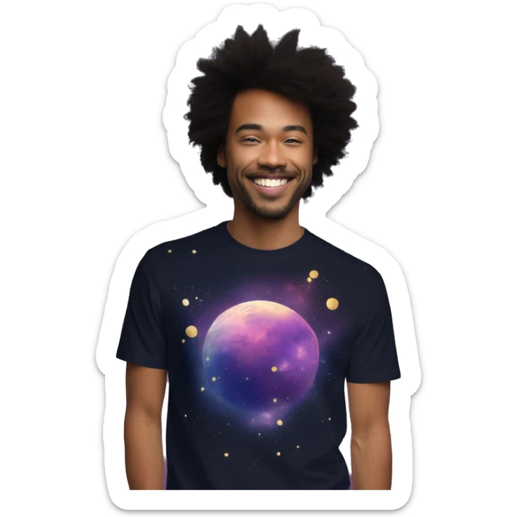 Person wearing T shirt with vintage gilded earth on t shirt with nebulas galaxies and constellations t shirt sticker