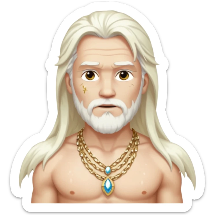 Odin with long white hair, white sequin loincloth, shirtless with necklace sticker