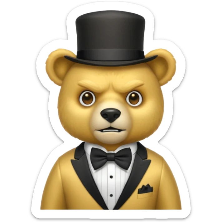 Oso dorado con sombrero elegante y moño negro enojado animatronico sticker