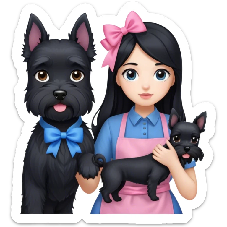 pale girl with LONG BLACK HAIR wearing black long shirt wearing blue apron holding black  schnauzer pink bow sticker