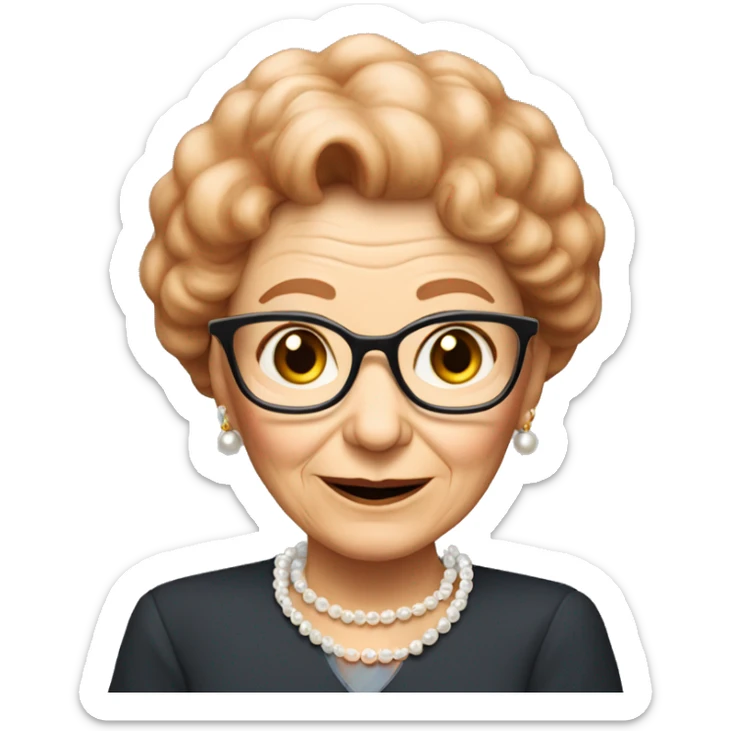 Old lady that is teacher with short red hair that is relly hawi with pearls around her neck and small bag sticker