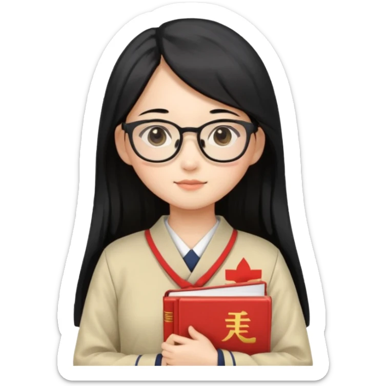 A student, asian girl, long black hair, wearing glasses, japanese uniform, hold book in front of their chest sticker