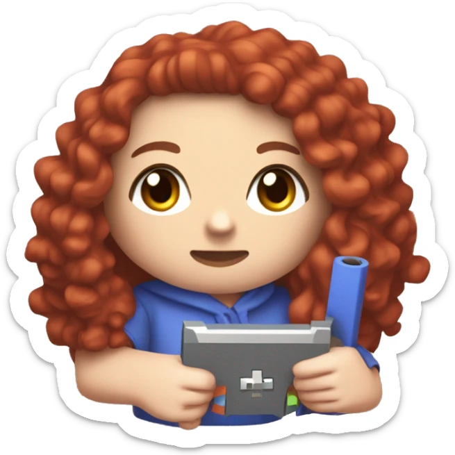 a white girl with long red curly hair, wearing periwinkle Minecraft hoodie playing a videogame sticker
