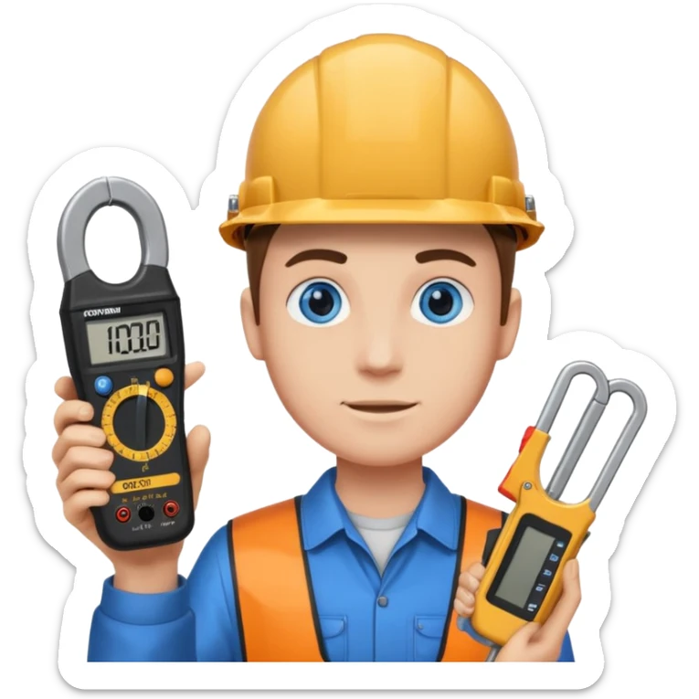 La tercera imagen pero ojos azules, y que lleve en manos una pinza amperimetrica sticker