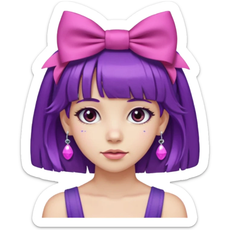girl with bangs and purple hair and pink hairbow on the side of head and earrings sticker