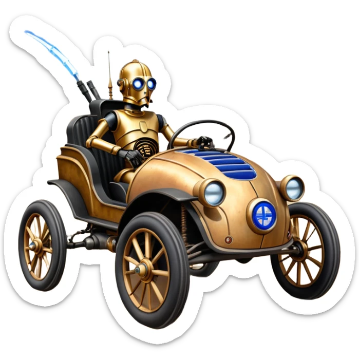 Old American West tarnished R2D2 C-3PO bounty hunter 1854 delicately ornate rosegold accents painted dune buggy buckboard wagon powered by electric motors and batteries with safety features and belts flying rapidly across rough dusty terrain stable on strong agile steampunk suspension and steering  sticker