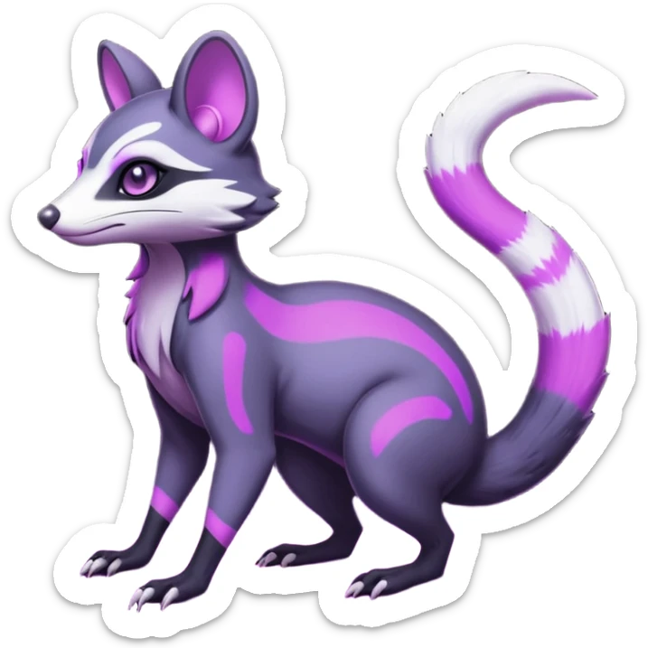 Obsidian-onyx-black and glowing neon-purple, shiny blind eyes, magical fantasy-Genet-Sentret-Marsupial-Possum-Vernid-Sergal-Fakémon-hybrid, by LiLaiRa-griffsnuff, full body sticker