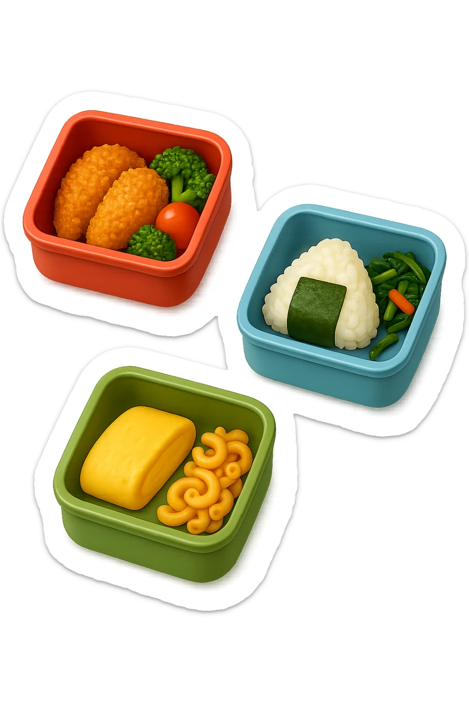 EMOJI STILE IPHONE DI UN 3 schiscette con poco cibo dentro, fluttuano in aria REALISTICA 4K sticker