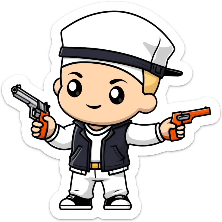 little white kid dressed as a gangster, holding a toy gun, playful and non-threatening sticker