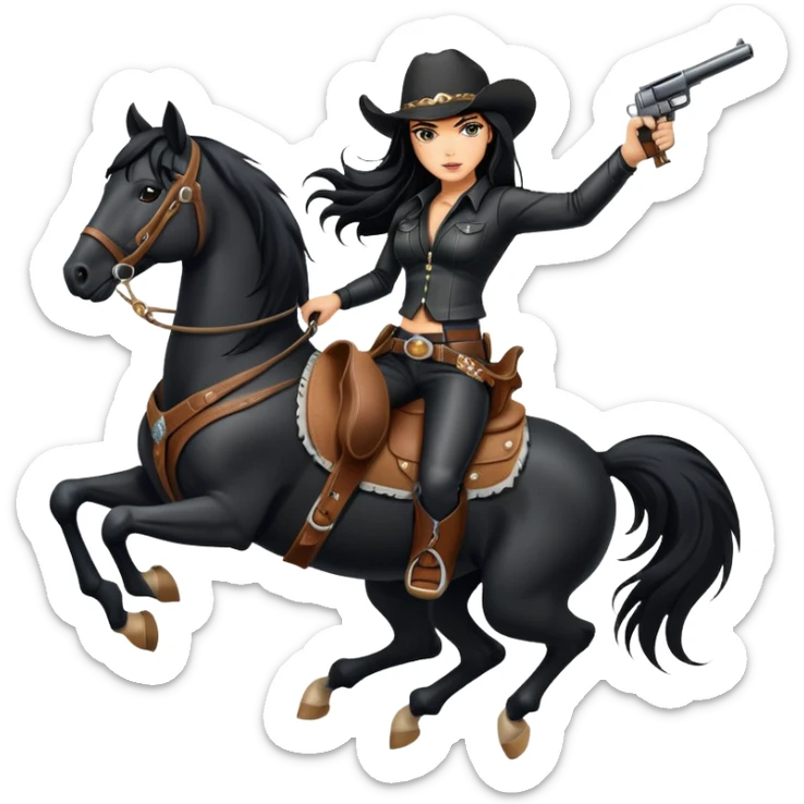 badass confident hot tanned woman with long black hair cowgirl style wearing black leather outfit with gun riding horse in action pose sticker