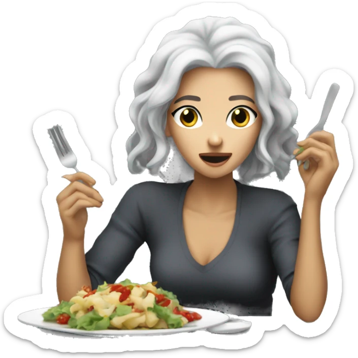 Eating something yummy woman gray hair white eating Damon dinner  sticker