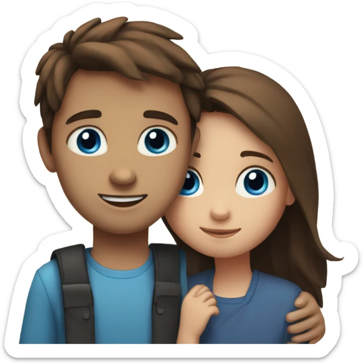 Girl with brown hair and blue eyes hugs boy with dark brown straight hair and blue eyes sticker