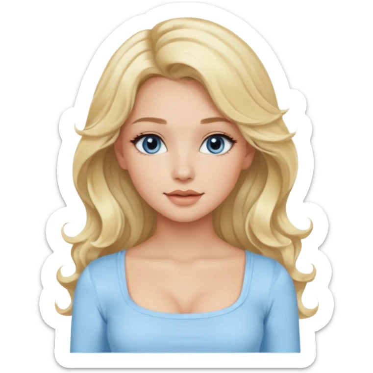 pretty girl blonde wavy long hair makeup light baby blue skin tight square neckline long sleeve top sticker