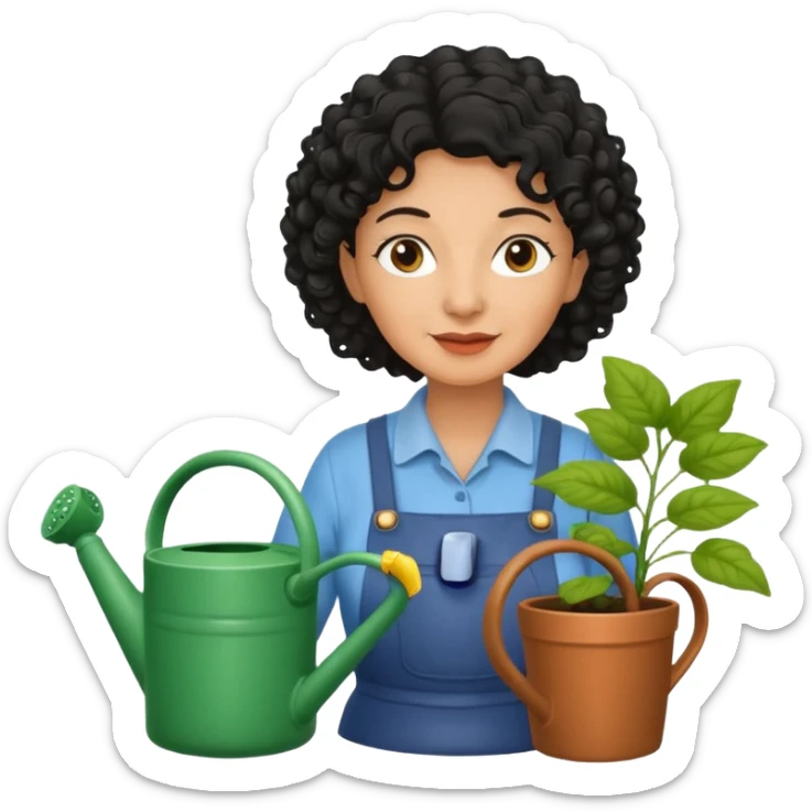 Older female florist – curly hair, hold garden watering pot sticker