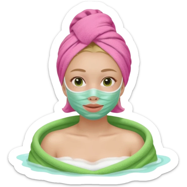 a girl with a facial mask green with a pink towel and a bath  sticker