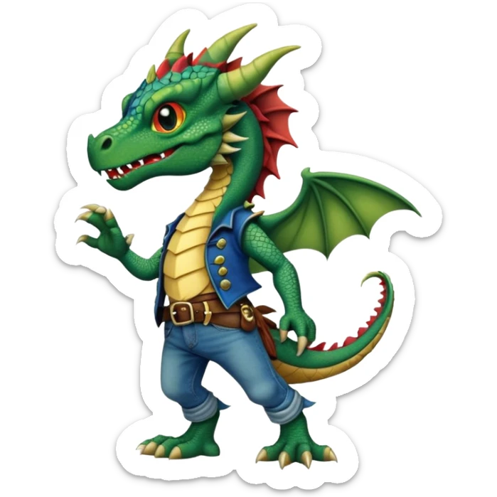 anthropomorphised dragon in a band t-shirt and jeans wearing a pirate eye-patch walking upright sticker