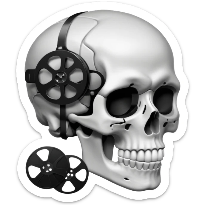 Minimalist emoji-style sticker of a human skull in profile, with a film reel replacing the brain. Grayscale icon with bold silhouette.
 sticker