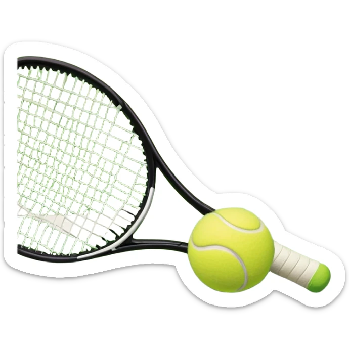 A tennis racket and a ball placed on the ground, with a tennis court in the background. The court lines and net are visible, emphasizing the structure and focus of the sport, creating a dynamic and energetic vibe. sticker
