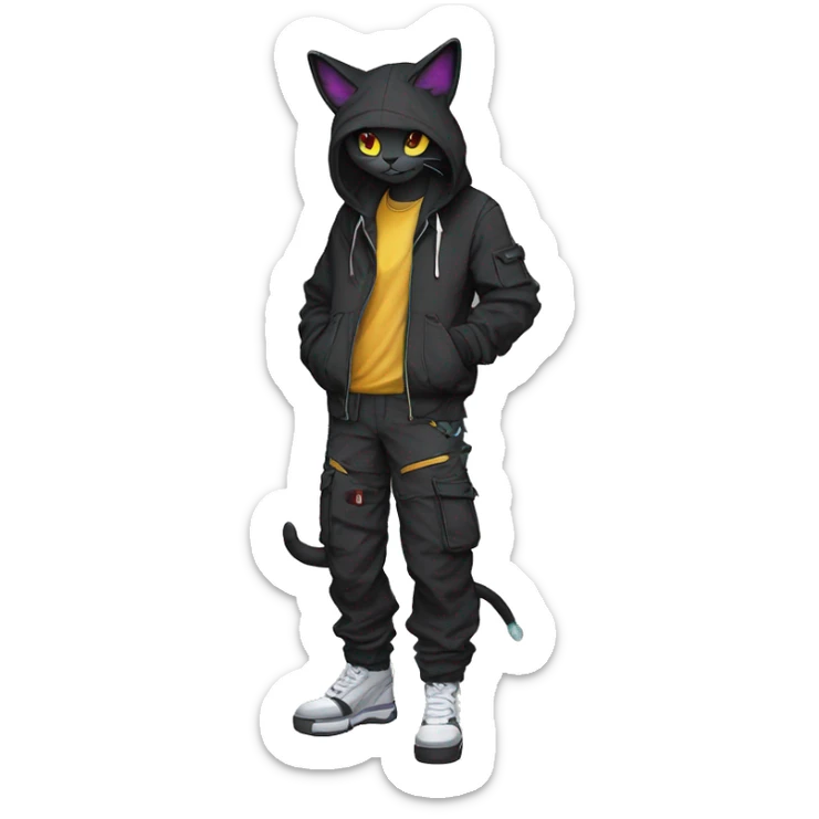 Edgy Anthro cool pretty dark cat-Pokémon-fursona techwear cargo pants hoodie sticker