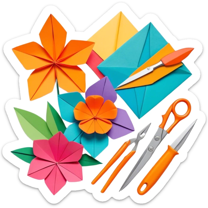Paper crafting icon, various paper crafts like origami, 3D paper flowers, and scrapbooking materials, visible tools such as scissors, glue stick, and colour paper sheets, colorful paper patterns, minimalistic style, clean lines, transparent background. sticker