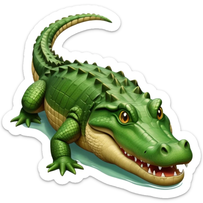 cinematic-crocodile-realistic-full-body-on all fours-emoji,-massive-scaled-body-partially-submerged-in-shallow-water,-head-tilted-dramatically,-rough-green-and-brown-hide-textured-with-deep-ridges,-simplified-yet-realistic-focused-features, head held high sticker