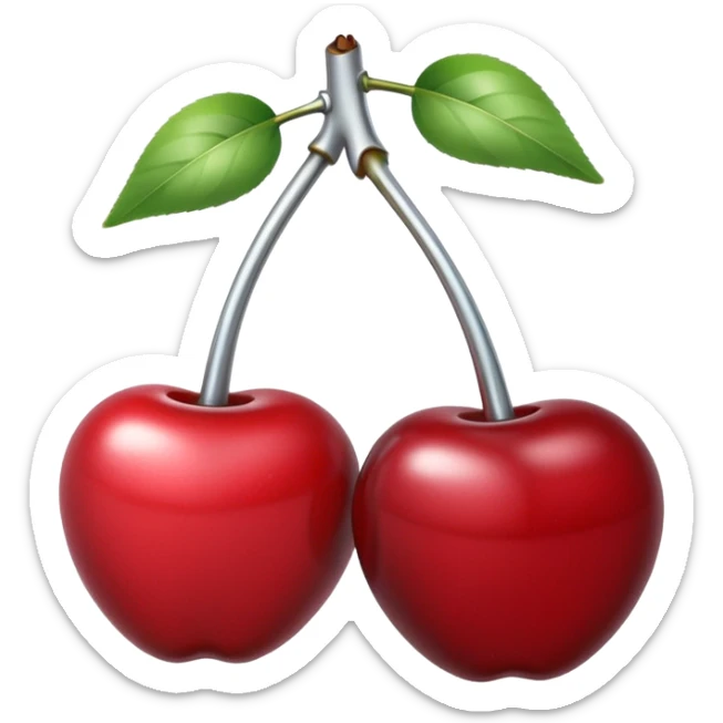 A pair of cherries emoji made of polished silver chrome, smooth rounded shapes, glossy metallic finish, soft highlights and reflections, cute proportions, iOS emoji style, centered, clean white background, no text sticker