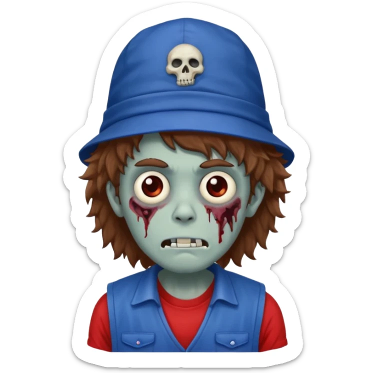 brown fluffy hair zombie with blue and white hat dark blue jilet red t shirt sticker