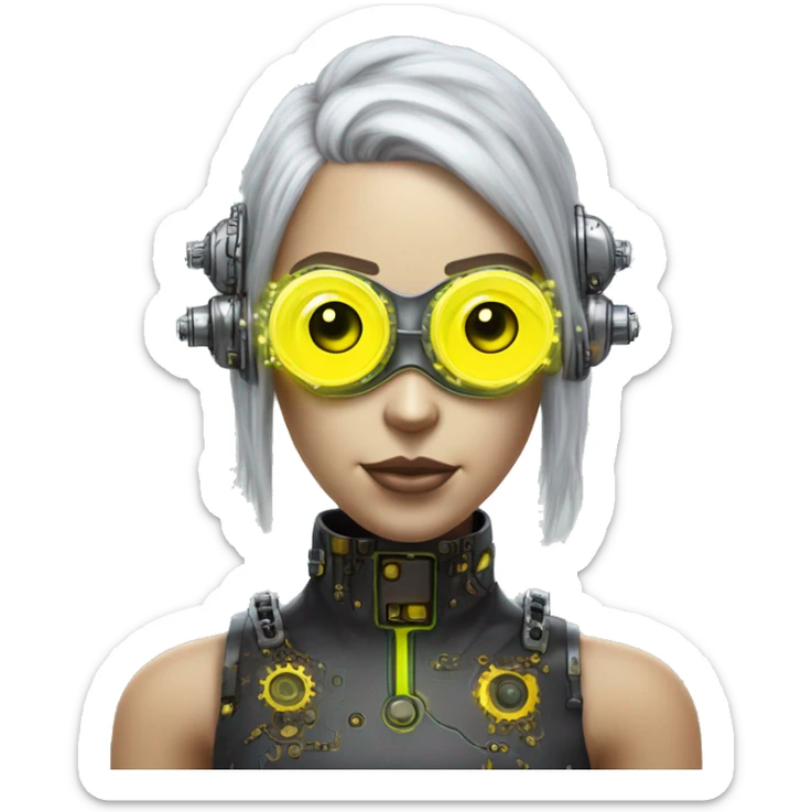 Caucasian female cyborg head with Neon yellow bobbed hair, silver steampunk goggles and circuits sticker