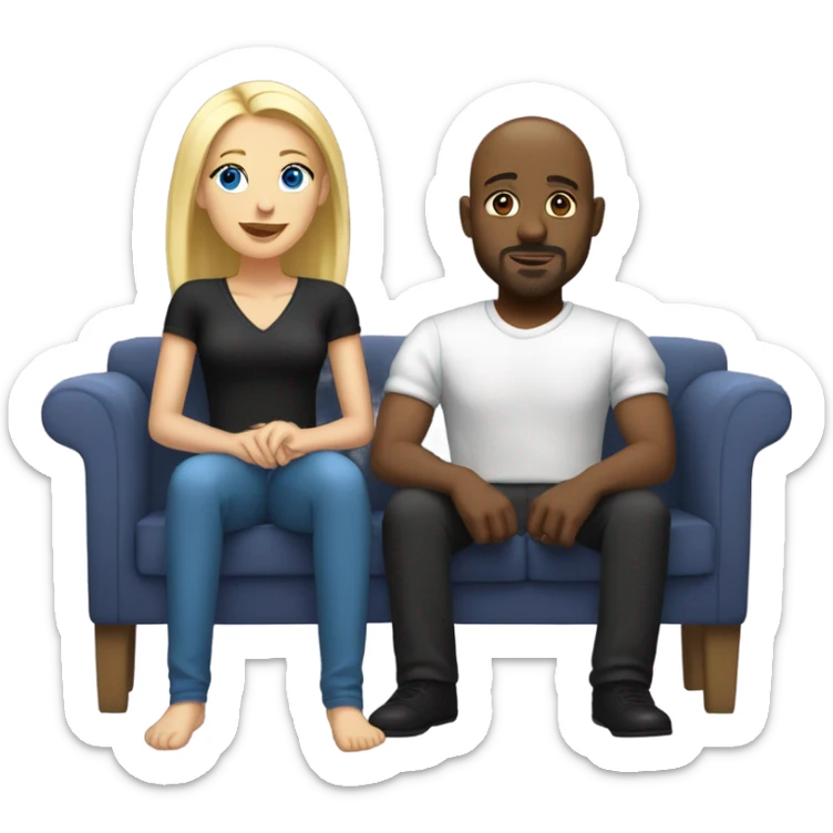Blonde woman with blue eyes and long straight hair and black man who is bald with a goatee seated together on a sofa with their legs touching and clearly in love with each other.   sticker