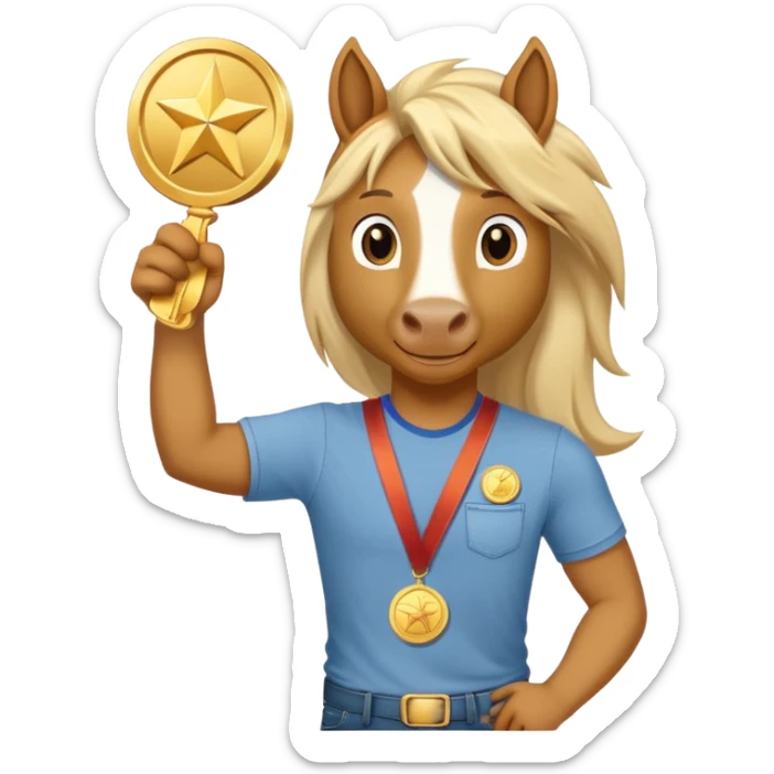 friendly anthropomorphised stallion in jeans and a t-shirt, holding a gold medal sticker