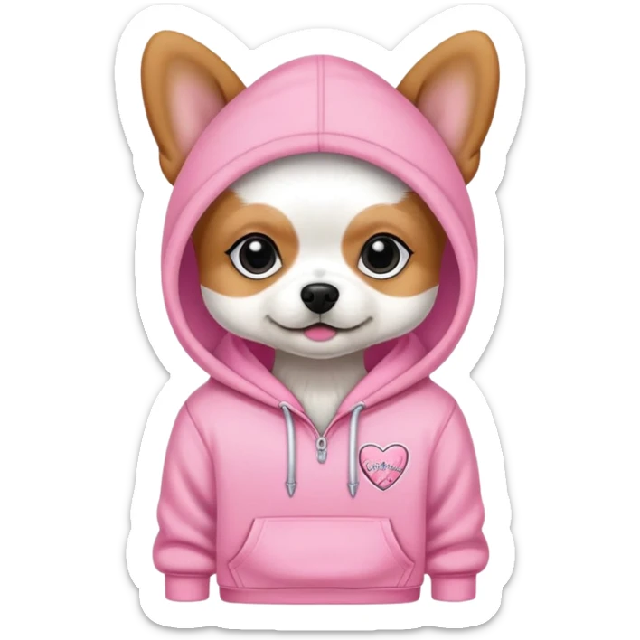 small dog wearing Victoria's Secret pink hoodie with logo sticker