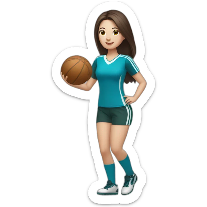 White skin brunette female playing football with very small ball of basket sticker